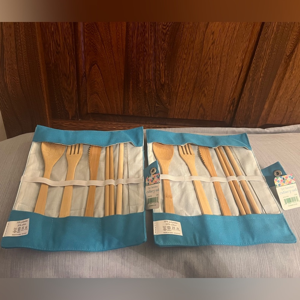 Bambo 7 Piece Cutlery Set, 2 Sets, wraps closed & snaps, new with tags